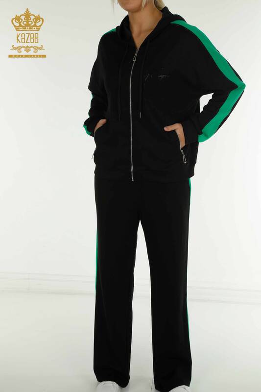 Wholesale Women's Tracksuit Set Two Colors Hooded Black Green - 17554 | KAZEE