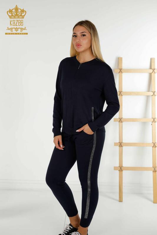 Wholesale Women's Tracksuit Set with Pockets and Zippers Navy Blue - 16679 | KAZEE