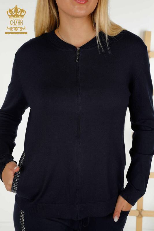 Wholesale Women's Tracksuit Set with Pockets and Zippers Navy Blue - 16679 | KAZEE