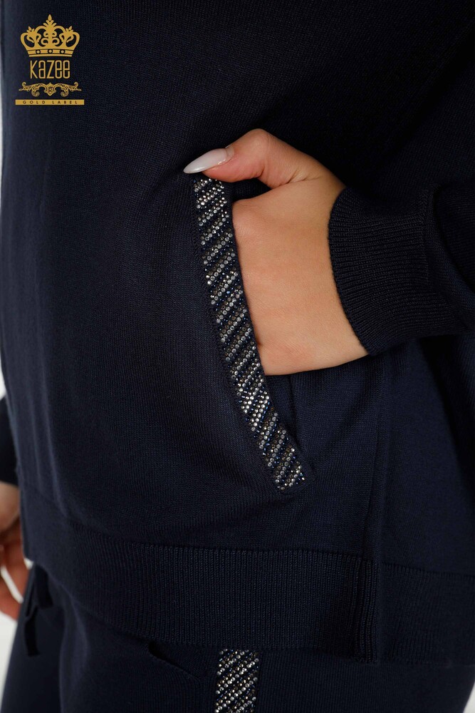 Wholesale Women's Tracksuit Set with Pockets and Zippers Navy Blue - 16679 | KAZEE - 4