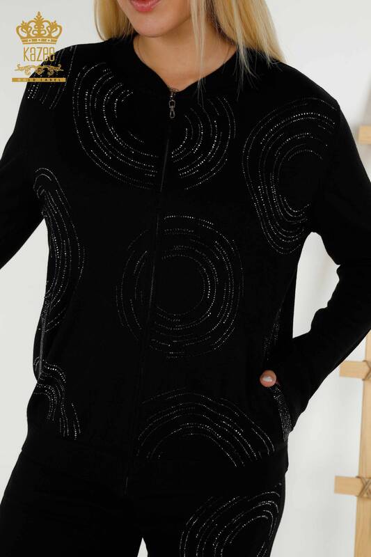 Wholesale Women's Tracksuit Set Black with Zipper - 16276 | KAZEE