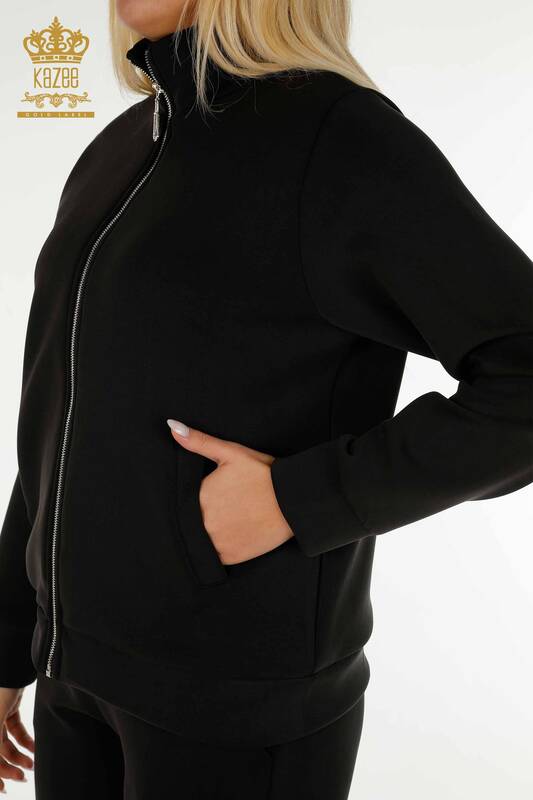 Wholesale Women's Tracksuit Set Black with Zipper - 17619 | KAZEE