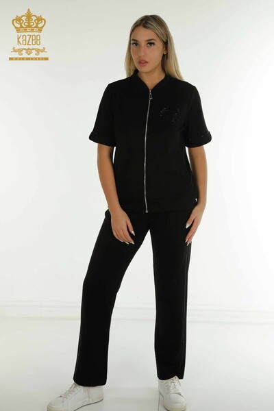 Wholesale Women's Tracksuit Set Black with Zipper - 17636 | KAZEE