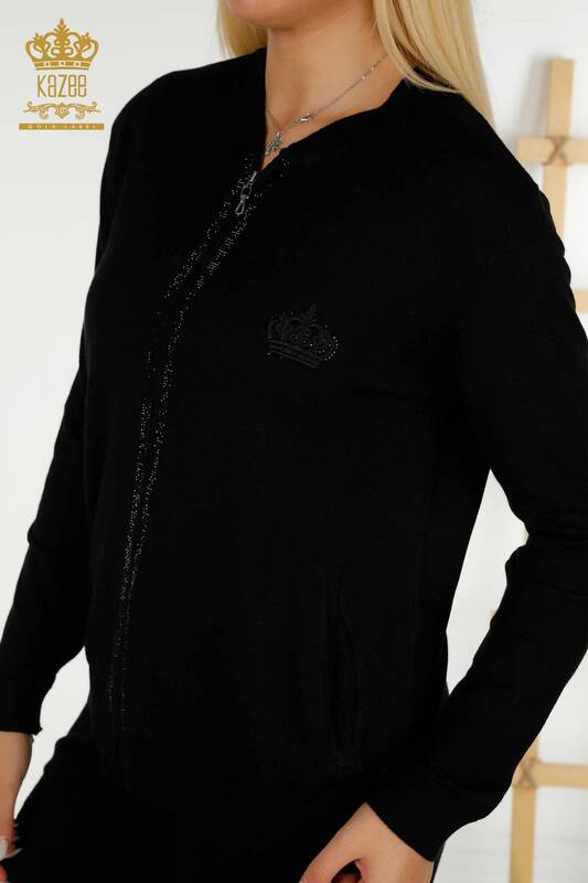 Wholesale Women's Tracksuit Set Black with Zipper - 30638 | KAZEE