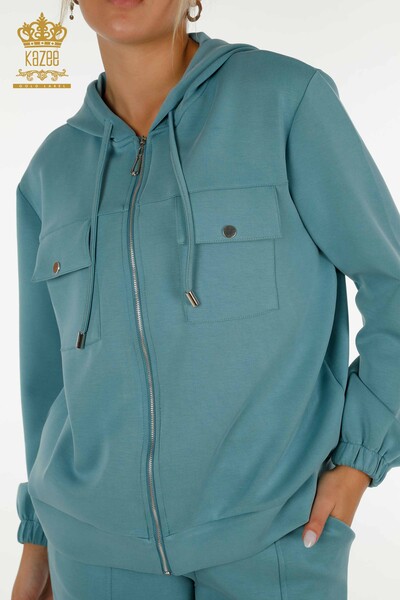 Wholesale Women's Tracksuit Set Zippered Buttoned Turquoise - 17620 | KAZEE - Thumbnail