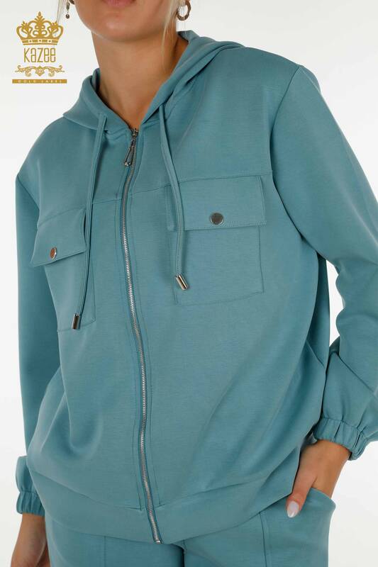 Wholesale Women's Tracksuit Set Zippered Buttoned Turquoise - 17620 | KAZEE