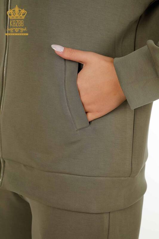 Wholesale Women's Tracksuit Zippered Khaki - 17619 | KAZEE