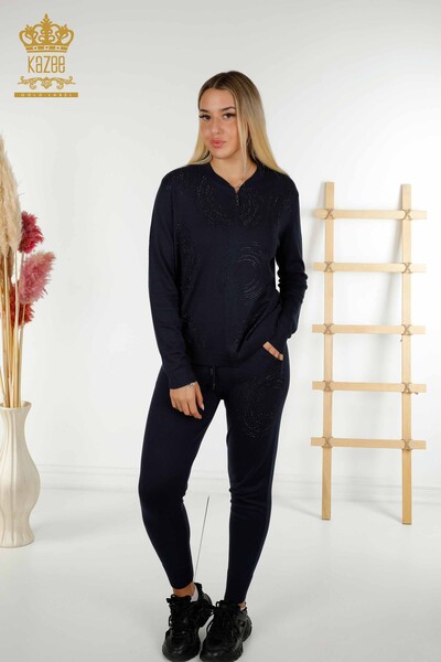 Wholesale Women's Tracksuit Set Zippered Navy Blue - 16276 | KAZEE - Thumbnail