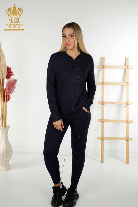 Wholesale Women's Tracksuit Set Zippered Navy Blue - 16276 | KAZEE