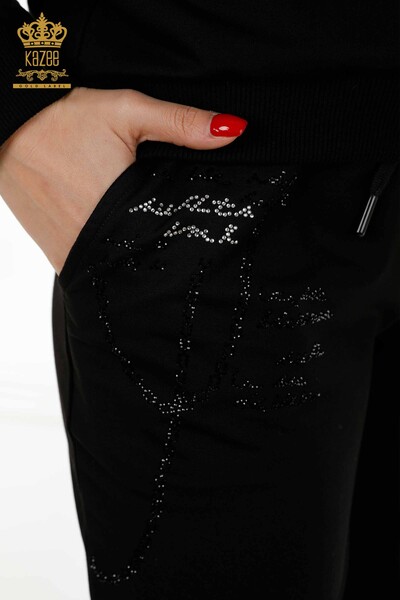 Wholesale Women's Tracksuit Set Zipper Patterned Black - 17491 | KAZEE - Thumbnail