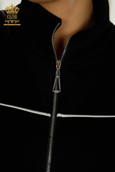 Wholesale Women's Tracksuit Set with Zipper Pockets Black Ecru - 17556 | KAZEE - Thumbnail