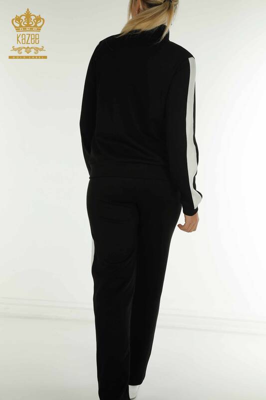 Wholesale Women's Tracksuit Set with Zipper Pockets Black Ecru - 17556 | KAZEE