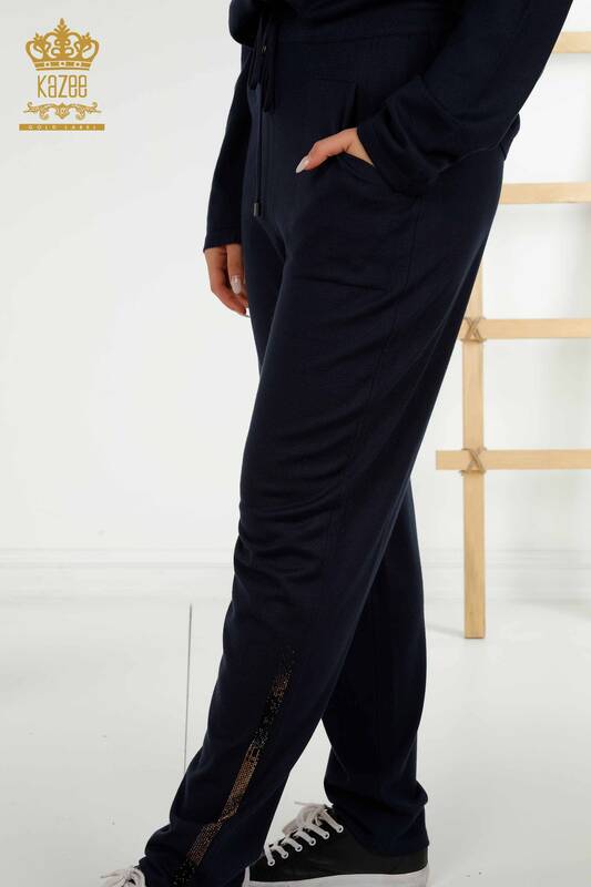 Wholesale Women's Tracksuit Set with Zipper Pockets Navy Blue - 16280 | KAZEE