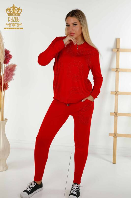 Wholesale Women's Tracksuit Set Red with Zipper - 16276 | KAZEE