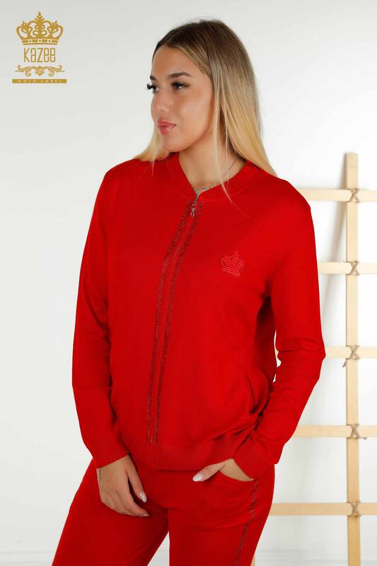 Wholesale Women's Tracksuit Set Red with Zipper - 30638 | KAZEE
