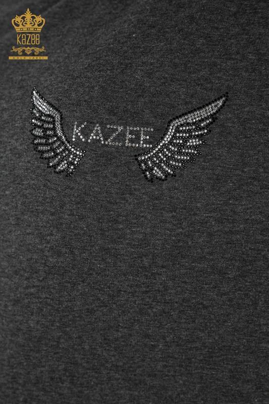 Wholesale Women's Tracksuit Set Zippered Wing Pattern Anthracite - 17457 | KAZEE