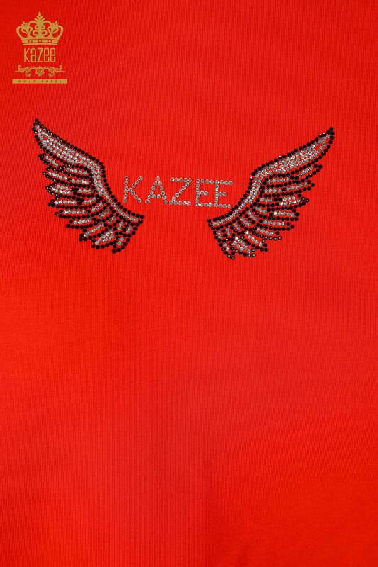 Wholesale Women's Tracksuit Set Zippered Wing Pattern Orange - 17457 | KAZEE