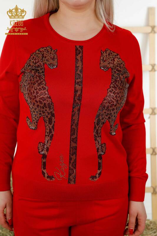 Wholesale Women's Tracksuit Set Leopard Pattern Red - 16521 | KAZEE