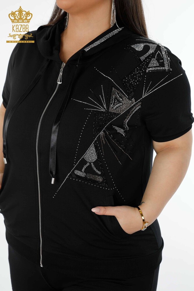 Wholesale Women's Tracksuit Set Stone Embroidered Black - 17395 | KAZEE - 3