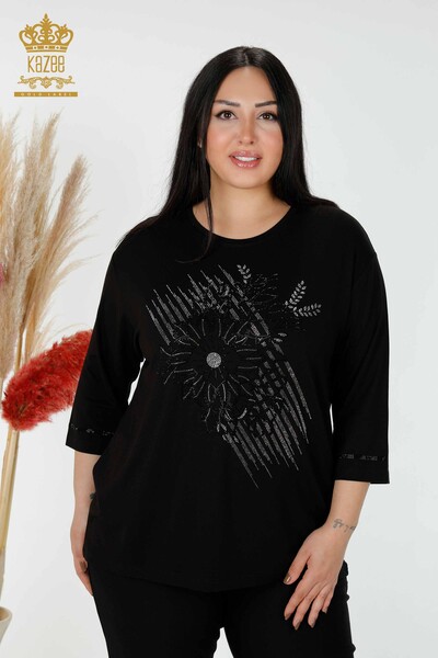 Kazee - Wholesale Women's Stone Embroidered Blouse Black- 78944 | KAZEE