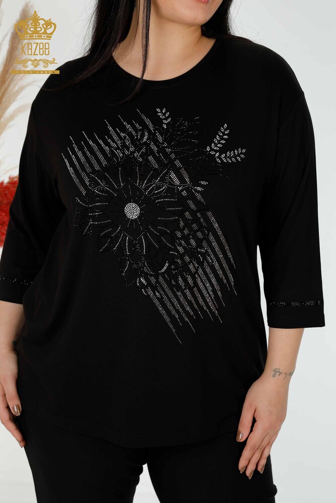 Wholesale Women's Stone Embroidered Blouse Black- 78944 | KAZEE - 2