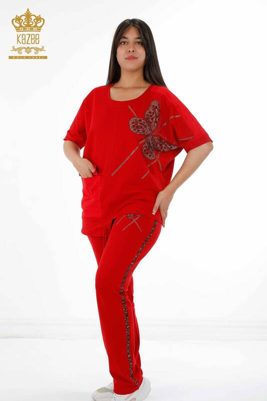 Wholesale Women's Tracksuit Set Butterfly Patterned Short Sleeve with Pockets and Stones - 17407 | KAZEE