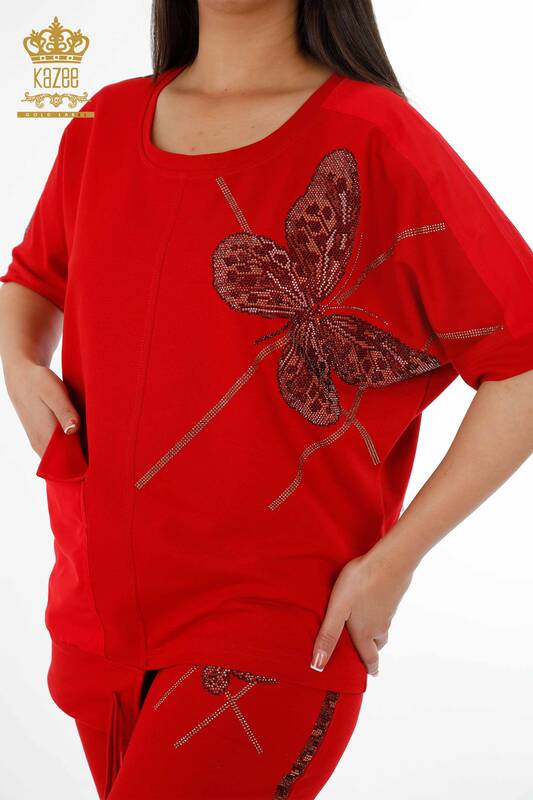 Wholesale Women's Tracksuit Set Butterfly Patterned Short Sleeve with Pockets and Stones - 17407 | KAZEE