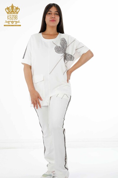 Wholesale Women's Tracksuit Set Butterfly Patterned Short Sleeve with Pockets and Stones - 17407 | KAZEE - Thumbnail