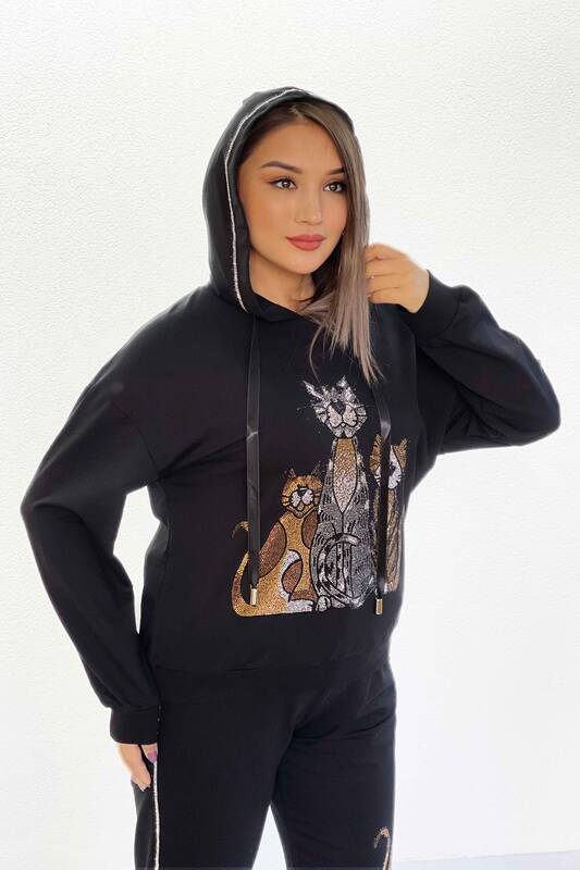 Wholesale Women's Tracksuit Set With Cat Detail and Hoodie - 17257 | KAZEE