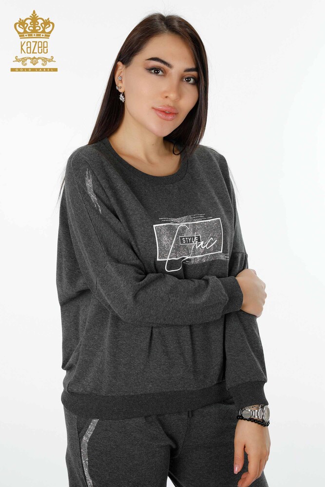 Wholesale Women's Tracksuit Set Crystal Stone Embroidered Anthracite - 17461 | KAZEE - 2