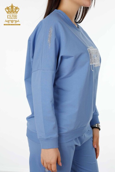 Wholesale Women's Tracksuit Set Crystal Stone Embroidered Blue - 17461 | KAZEE - 7