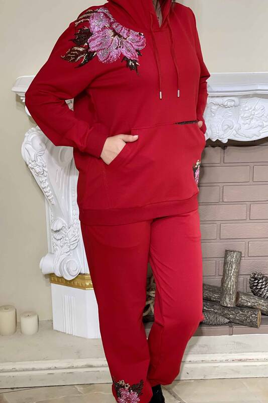 Wholesale Women's Tracksuit Set Hooded Flower Embroidered - 17299 | KAZEE