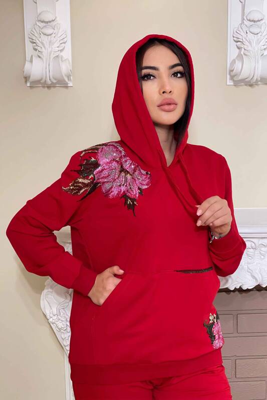 Wholesale Women's Tracksuit Set Hooded Flower Embroidered - 17299 | KAZEE