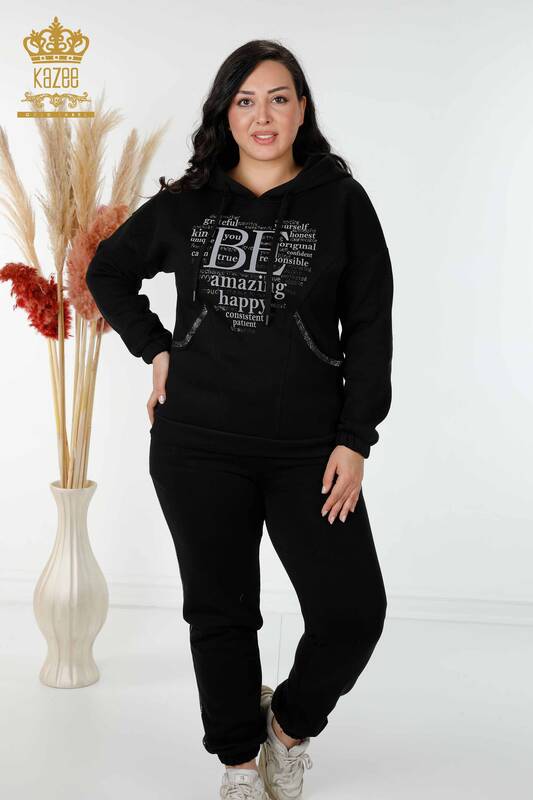 Wholesale Women's Tracksuit Set Hooded Letter Detailed Stone Embroidered Black - 17469 | KAZEE