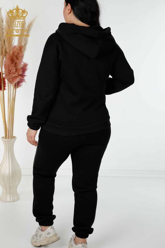 Wholesale Women's Tracksuit Set Hooded Letter Detailed Stone Embroidered Black - 17469 | KAZEE