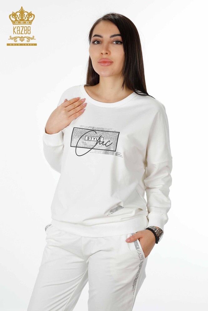 Wholesale Women's Tracksuit Set Crystal Stone Embroidered Ecru - 17461 | KAZEE - 2