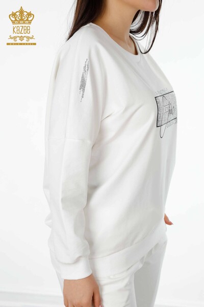 Wholesale Women's Tracksuit Set Crystal Stone Embroidered Ecru - 17461 | KAZEE - 7