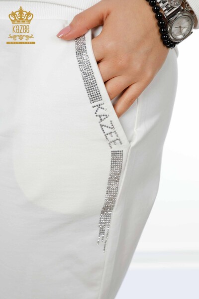 Wholesale Women's Tracksuit Set Crystal Stone Embroidered Ecru - 17461 | KAZEE - 9