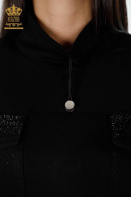Wholesale Women's Tracksuit Set Pocket Stone Embroidered Black - 17429 | KAZEE