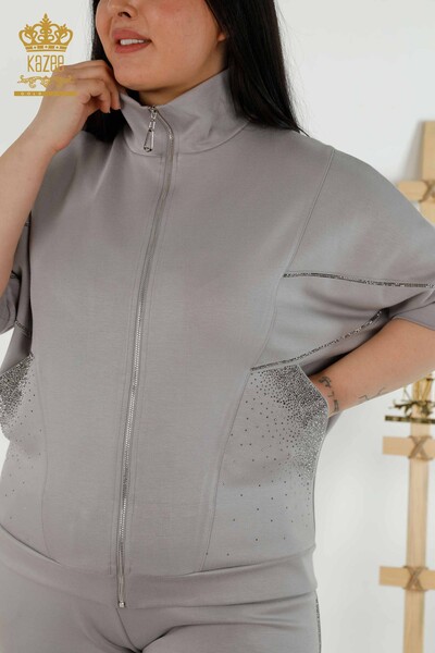 Wholesale Women's Tracksuit Set Short Sleeve Zipper Gray - 17547 | KAZEE - Thumbnail