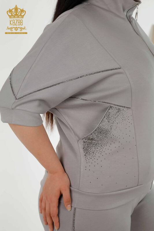 Wholesale Women's Tracksuit Set Short Sleeve Zipper Gray - 17547 | KAZEE