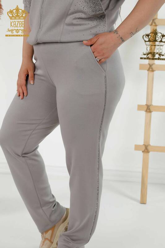Wholesale Women's Tracksuit Set Short Sleeve Zipper Gray - 17547 | KAZEE