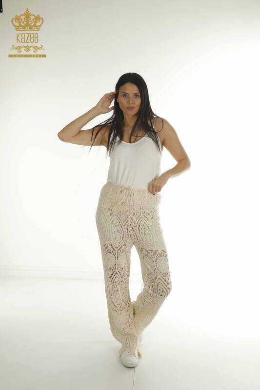 Wholesale Women's Summer Trousers Beige with Lace Detail - 2404-5555-2 | D