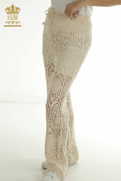 Wholesale Women's Summer Trousers Beige with Lace Detail - 2404-5555-2 | D - Thumbnail
