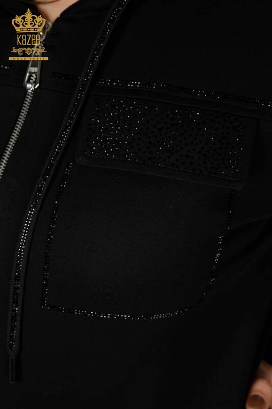 Wholesale Women's Tracksuit Set Zippered Hoodie Black - 17454 | KAZEE