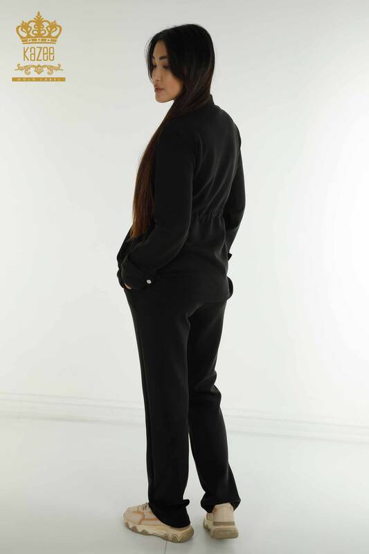 Wholesale Women's Triple Tracksuit Set Black with Button Detail - 17622 | KAZEE
