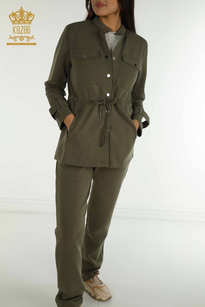 Wholesale Women's Triple Tracksuit Set Button Detailed Khaki - 17622 | KAZEE - 3