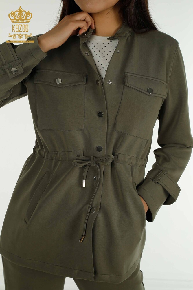 Wholesale Women's Triple Tracksuit Set Button Detailed Khaki - 17622 | KAZEE - 4