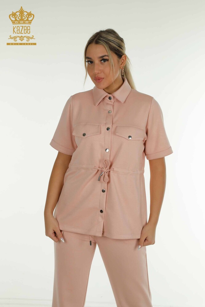 Wholesale Women's Triple Tracksuit Set Button Detailed Powder - 17633 | KAZEE - 4