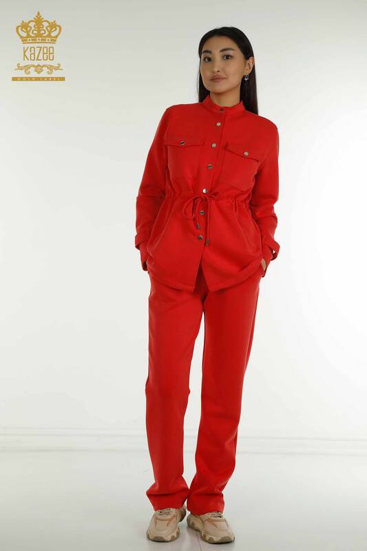 Wholesale Women's Triple Tracksuit Set Red with Button Detail - 17622 | KAZEE